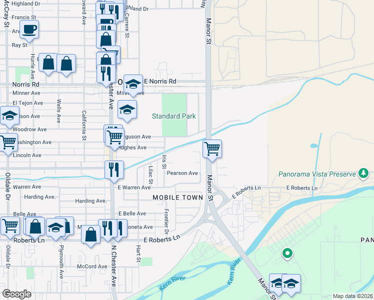 map of restaurants, bars, coffee shops, grocery stores, and more near 828 Iris Street in Bakersfield