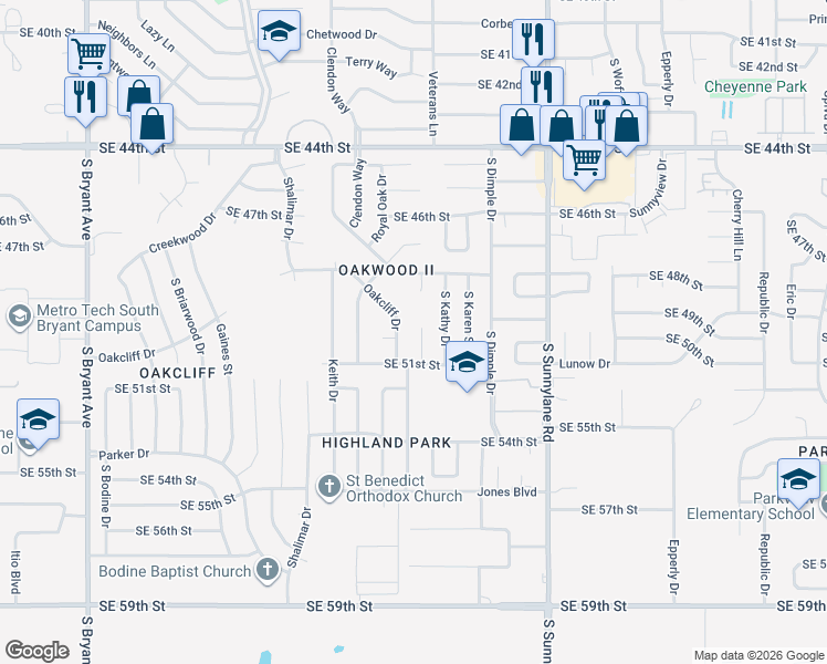 map of restaurants, bars, coffee shops, grocery stores, and more near 5008 Oak Manor Drive in Oklahoma City