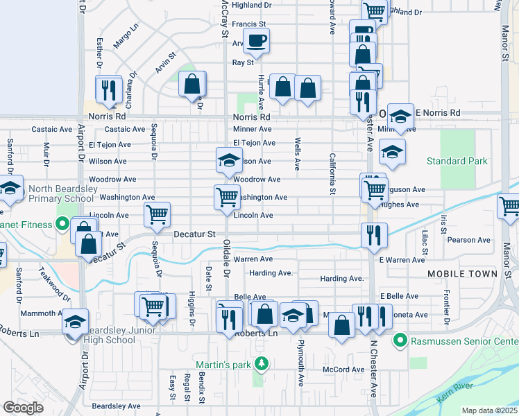 map of restaurants, bars, coffee shops, grocery stores, and more near 905 Hurrle Avenue in Bakersfield
