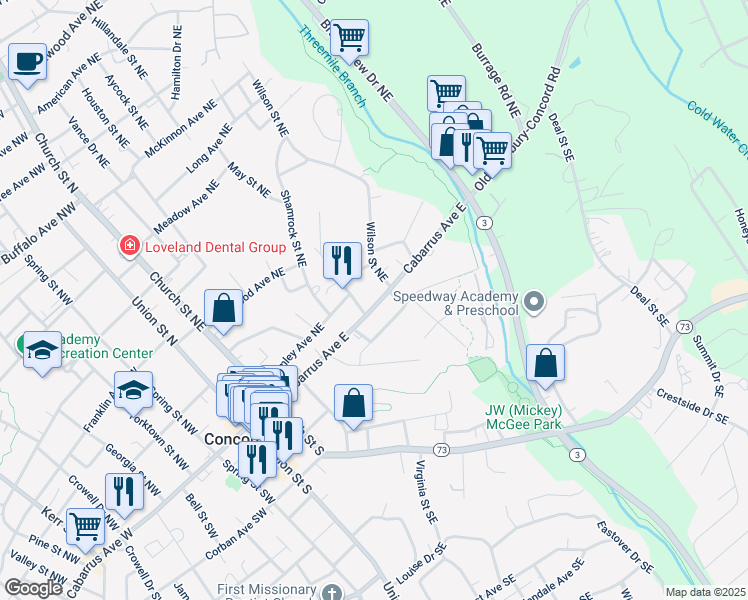 map of restaurants, bars, coffee shops, grocery stores, and more near 185 Cabarrus Avenue East in Concord