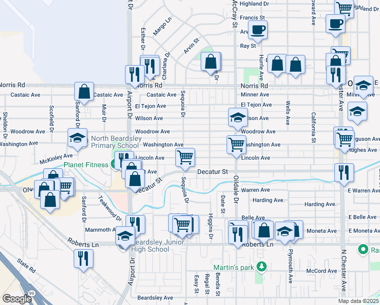 map of restaurants, bars, coffee shops, grocery stores, and more near 618 Lincoln Avenue in Bakersfield