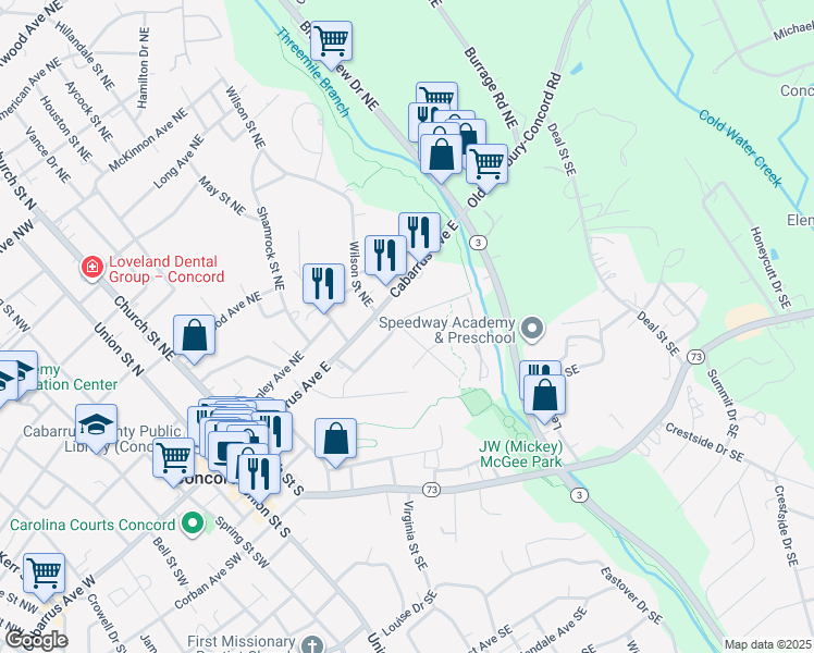 map of restaurants, bars, coffee shops, grocery stores, and more near 27 Ashlyn Drive Southeast in Concord