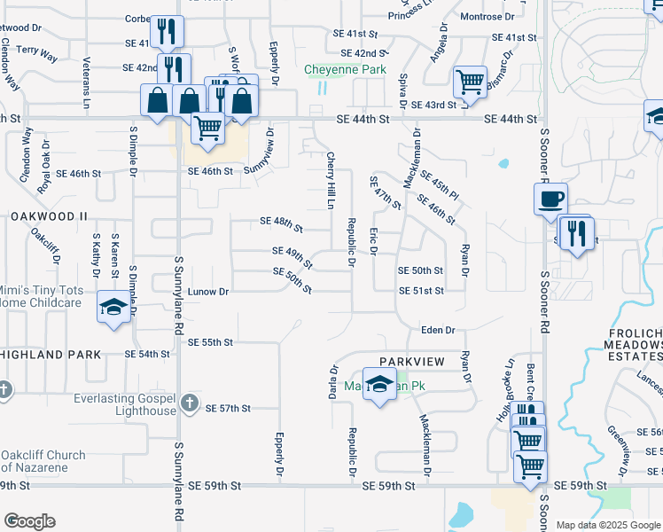 map of restaurants, bars, coffee shops, grocery stores, and more near 4721 Southeast 49th Street in Oklahoma City