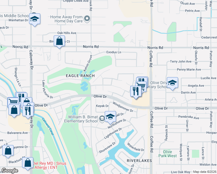 map of restaurants, bars, coffee shops, grocery stores, and more near 8605 Spanish Bay Drive in Bakersfield