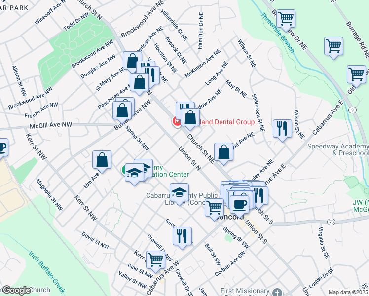 map of restaurants, bars, coffee shops, grocery stores, and more near 166A Union Street North in Concord