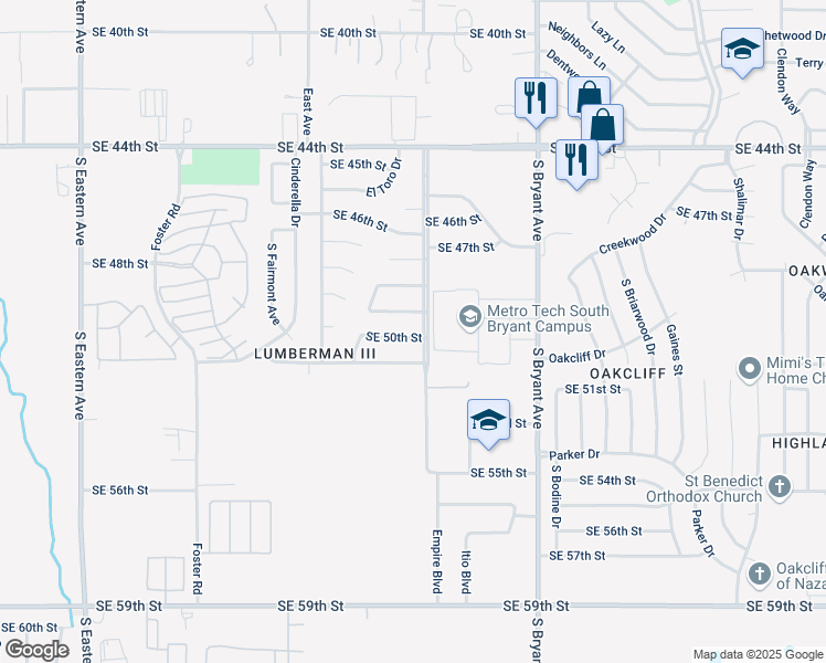 map of restaurants, bars, coffee shops, grocery stores, and more near 2717 Southeast 50th Street in Oklahoma City