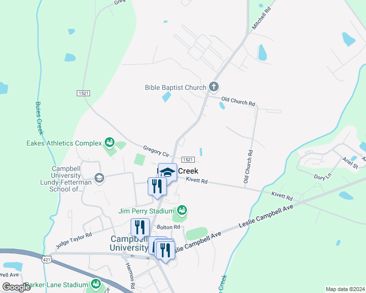 map of restaurants, bars, coffee shops, grocery stores, and more near 32 Melon Lane in Lillington
