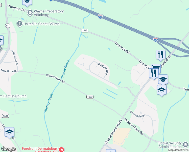 map of restaurants, bars, coffee shops, grocery stores, and more near 402 Windsor Creek Parkway in Goldsboro
