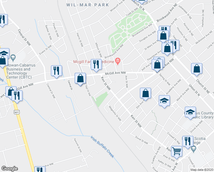 map of restaurants, bars, coffee shops, grocery stores, and more near 384 Kerr Street Northwest in Concord