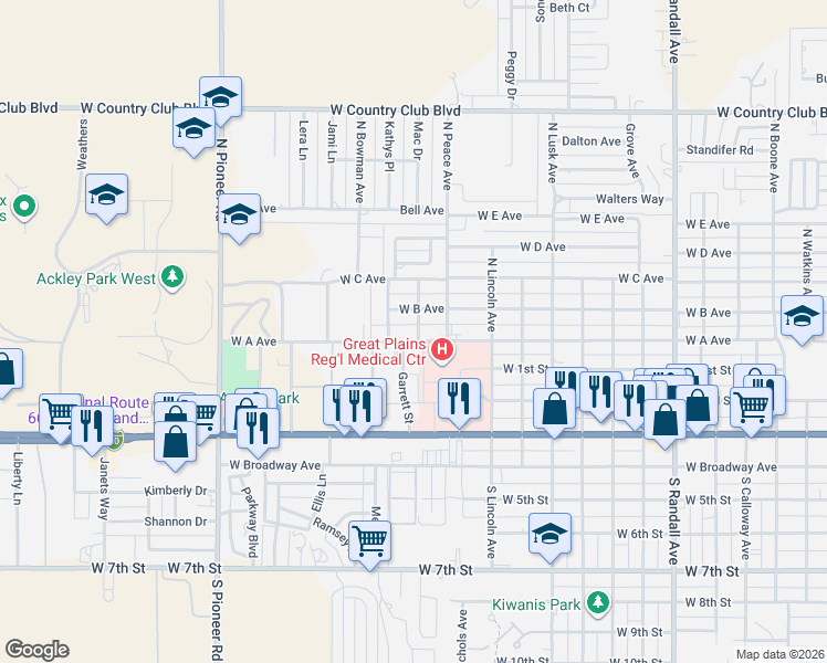 map of restaurants, bars, coffee shops, grocery stores, and more near 1901 West A Avenue in Elk City