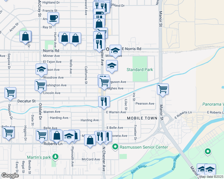 map of restaurants, bars, coffee shops, grocery stores, and more near 115 Hughes Avenue in Bakersfield