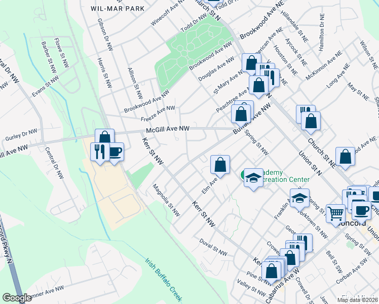 map of restaurants, bars, coffee shops, grocery stores, and more near 182 Buffalo Avenue Northwest in Concord