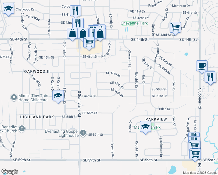 map of restaurants, bars, coffee shops, grocery stores, and more near 4605 Southeast 50th Street in Oklahoma City
