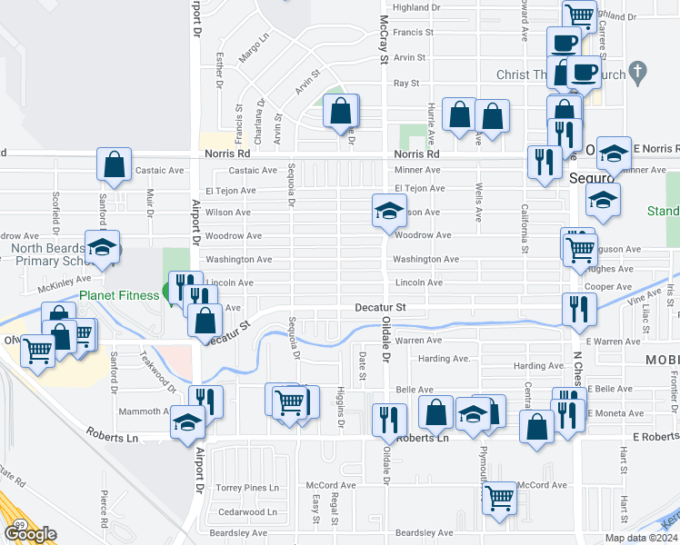 map of restaurants, bars, coffee shops, grocery stores, and more near 908 Yosemite Drive in Bakersfield