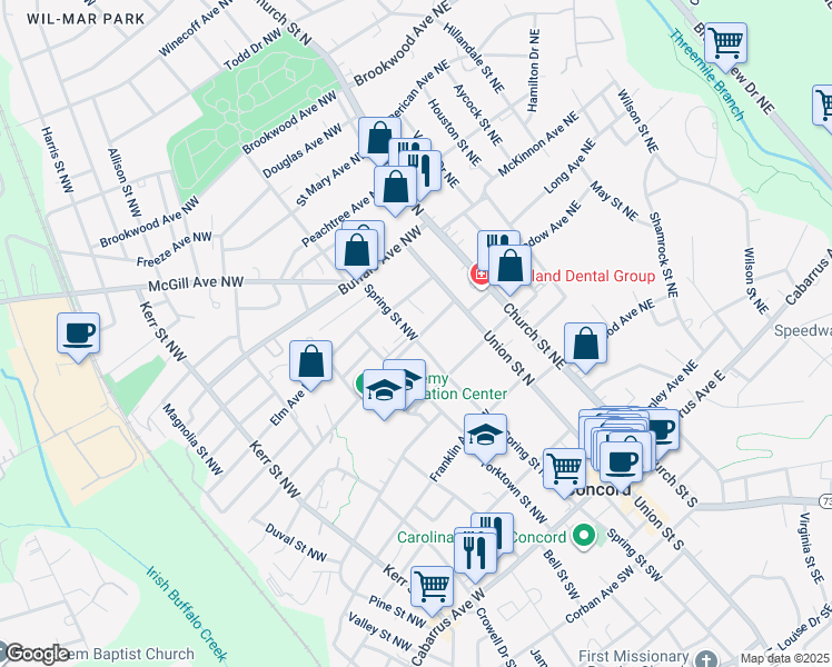 map of restaurants, bars, coffee shops, grocery stores, and more near 52 Academy Avenue Northwest in Concord