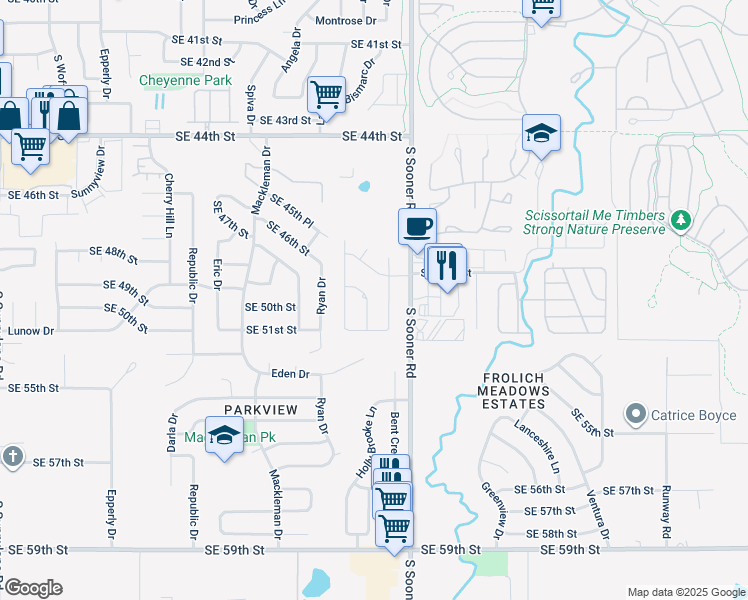 map of restaurants, bars, coffee shops, grocery stores, and more near 5036 Burntwood Drive in Oklahoma City