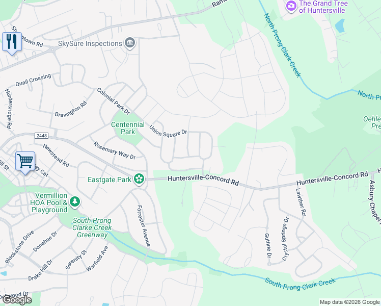 map of restaurants, bars, coffee shops, grocery stores, and more near 13929 Tilesford Lane in Huntersville