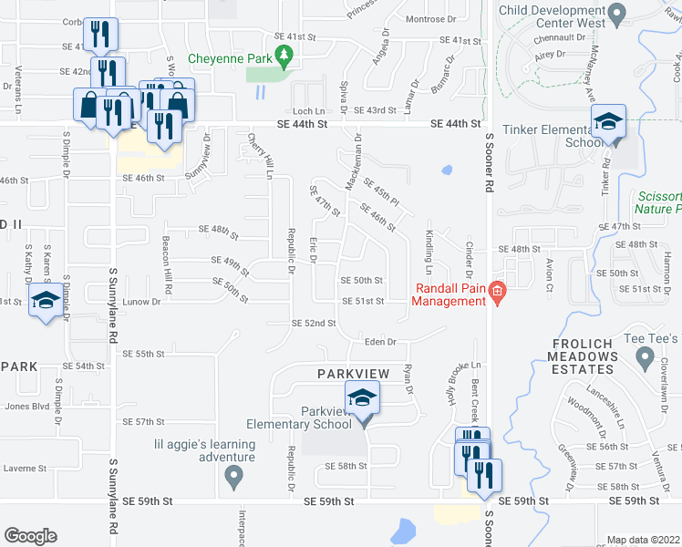 map of restaurants, bars, coffee shops, grocery stores, and more near 5101 Southeast 50th Street in Oklahoma City