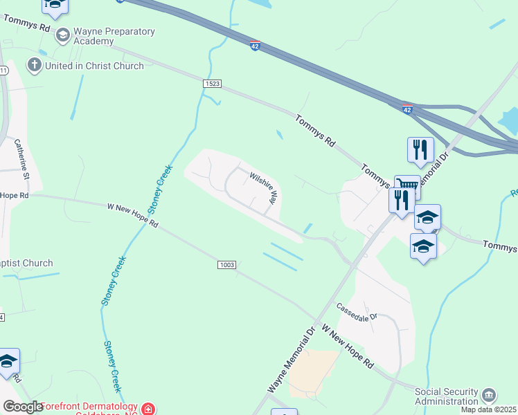 map of restaurants, bars, coffee shops, grocery stores, and more near 303 Windsor Creek Parkway in Goldsboro