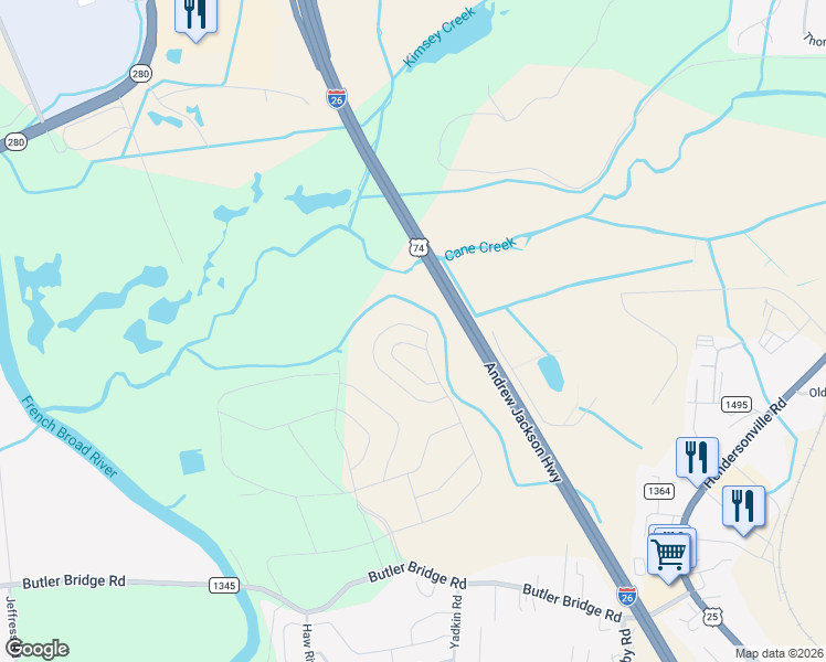 map of restaurants, bars, coffee shops, grocery stores, and more near Interstate 26 in Fletcher