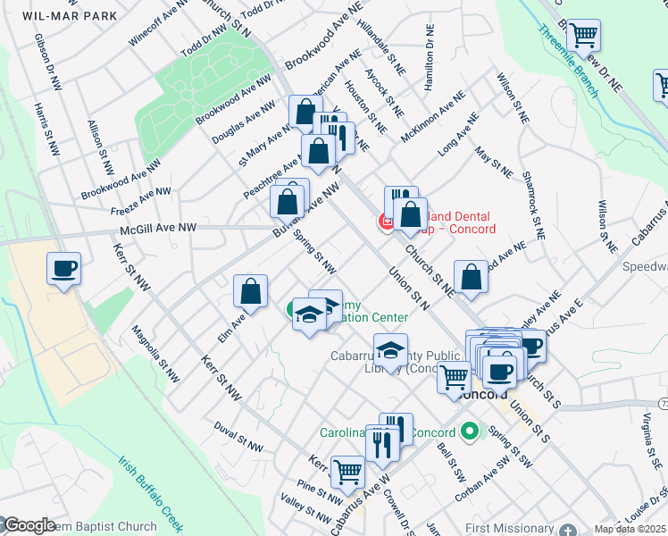 map of restaurants, bars, coffee shops, grocery stores, and more near 52 Academy Avenue Northwest in Concord