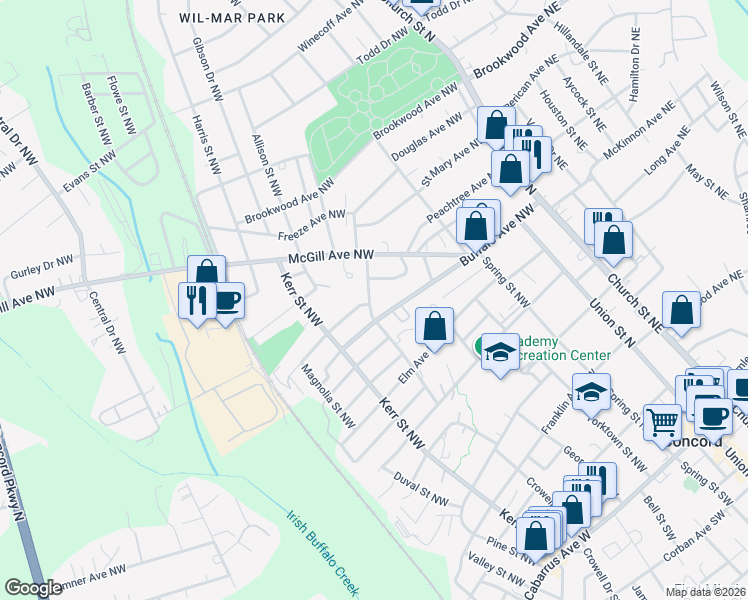 map of restaurants, bars, coffee shops, grocery stores, and more near 182 Buffalo Avenue Northwest in Concord