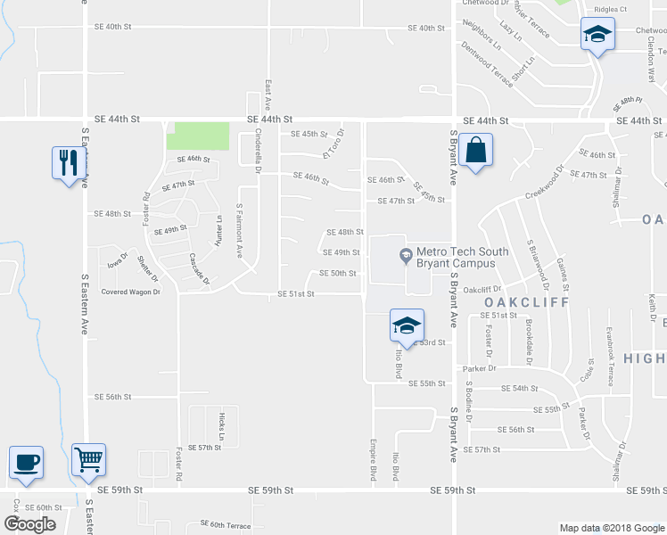 map of restaurants, bars, coffee shops, grocery stores, and more near 2613 Southeast 50th Street in Oklahoma City