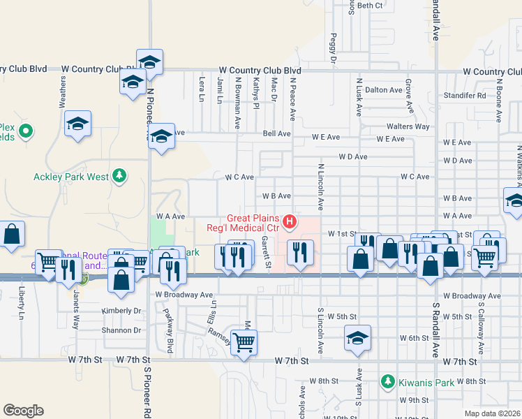 map of restaurants, bars, coffee shops, grocery stores, and more near 1901 West A Avenue in Elk City