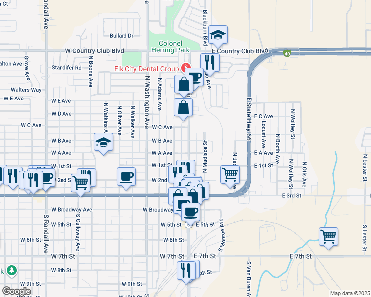 map of restaurants, bars, coffee shops, grocery stores, and more near 509 North Main Street in Elk City