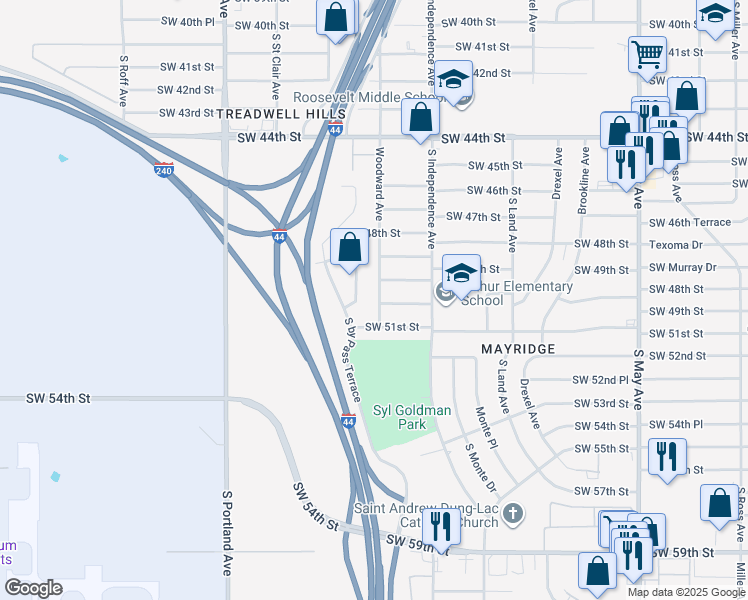 map of restaurants, bars, coffee shops, grocery stores, and more near 5017 Woodward Avenue in Oklahoma City