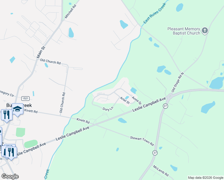 map of restaurants, bars, coffee shops, grocery stores, and more near 206 Ariel Street in Lillington