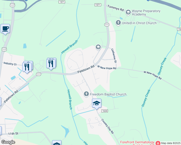 map of restaurants, bars, coffee shops, grocery stores, and more near 900 Patetown Road in Goldsboro