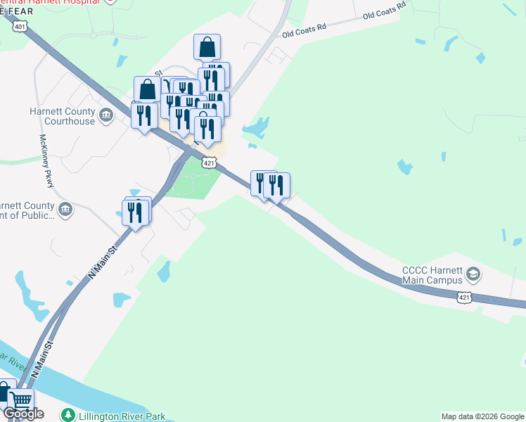 map of restaurants, bars, coffee shops, grocery stores, and more near 300 E Cornelius Harnett Blvd in Lillington