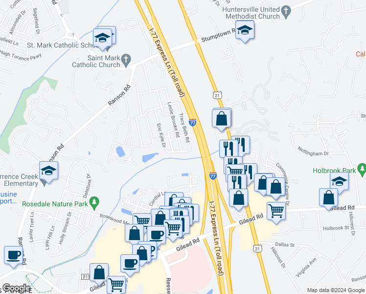 map of restaurants, bars, coffee shops, grocery stores, and more near 15136 Leslie Brooke Road in Huntersville