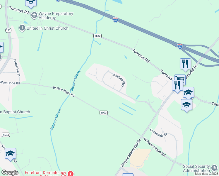 map of restaurants, bars, coffee shops, grocery stores, and more near 402 Windsor Creek Parkway in Goldsboro