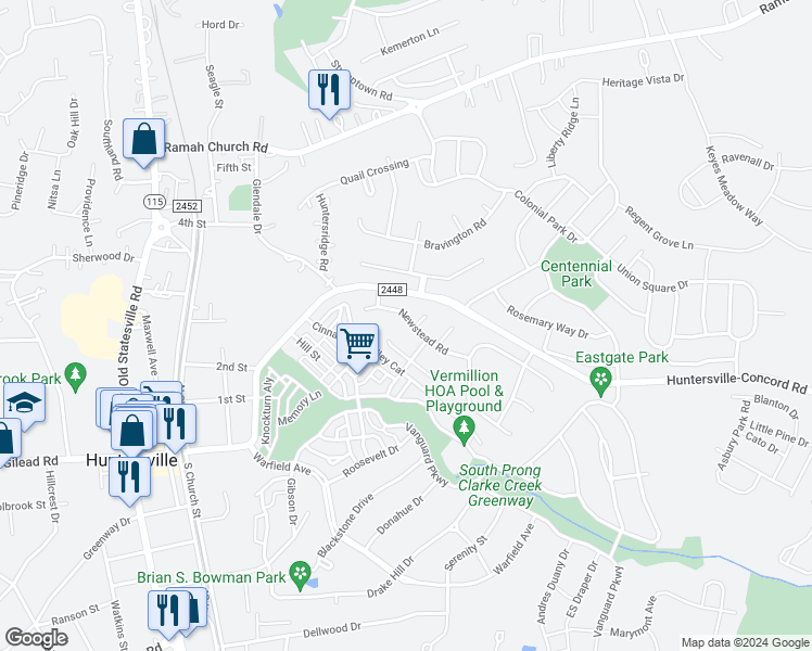 map of restaurants, bars, coffee shops, grocery stores, and more near 12606 Newstead Road in Huntersville