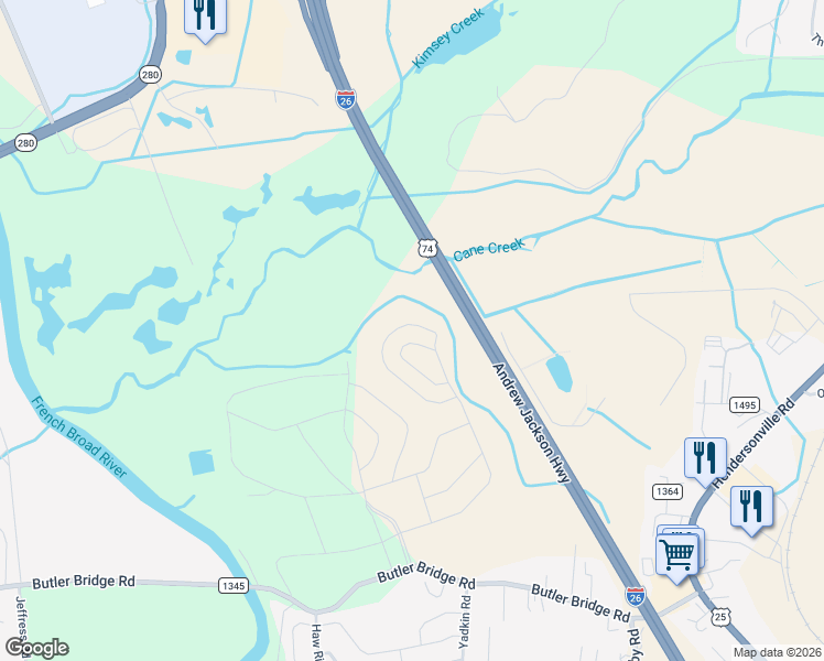 map of restaurants, bars, coffee shops, grocery stores, and more near Interstate 26 in Fletcher
