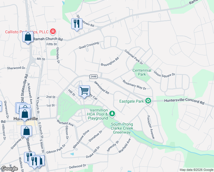 map of restaurants, bars, coffee shops, grocery stores, and more near 14013 Naworth Lane in Huntersville
