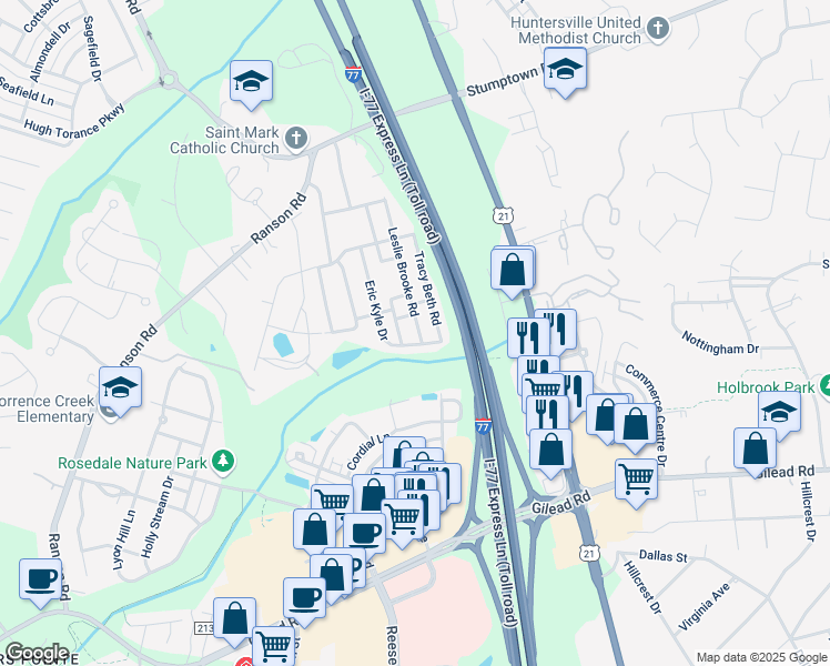 map of restaurants, bars, coffee shops, grocery stores, and more near 15139 Leslie Brooke Road in Huntersville