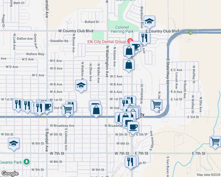 map of restaurants, bars, coffee shops, grocery stores, and more near 512 North Washington Avenue in Elk City