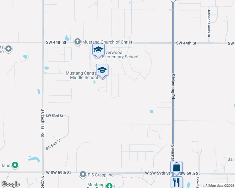 map of restaurants, bars, coffee shops, grocery stores, and more near 11749 Southwest 54th Street in Mustang
