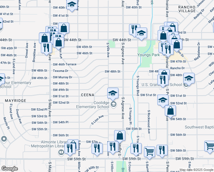 map of restaurants, bars, coffee shops, grocery stores, and more near 2500 Southwest 50th Street in Oklahoma City