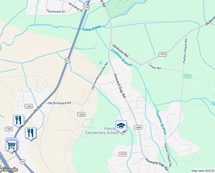 map of restaurants, bars, coffee shops, grocery stores, and more near 75 Cushion Place in Fletcher