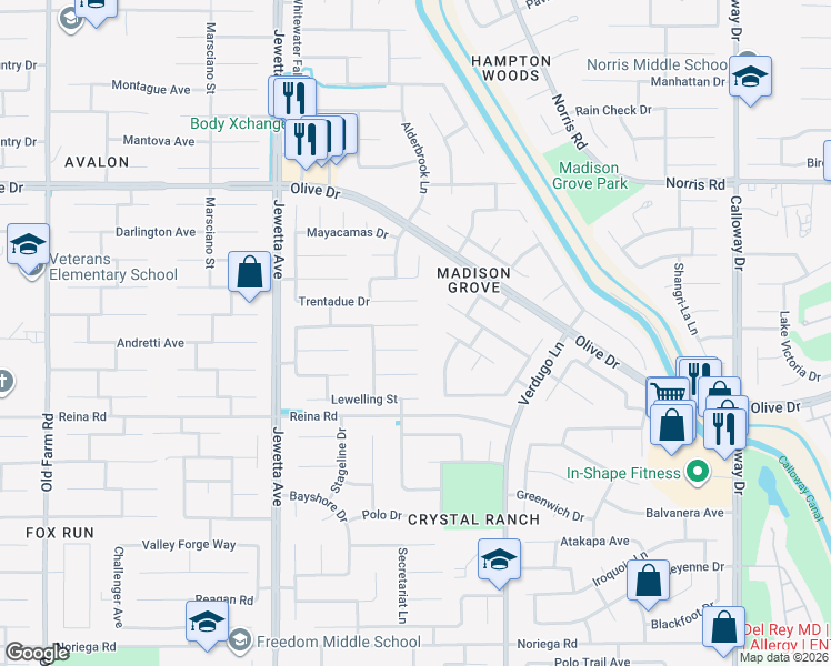 map of restaurants, bars, coffee shops, grocery stores, and more near 10809 Corbett Canyon Drive in Bakersfield