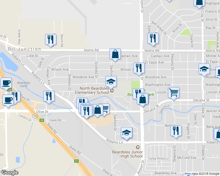 map of restaurants, bars, coffee shops, grocery stores, and more near 905 Sanford Drive in Bakersfield