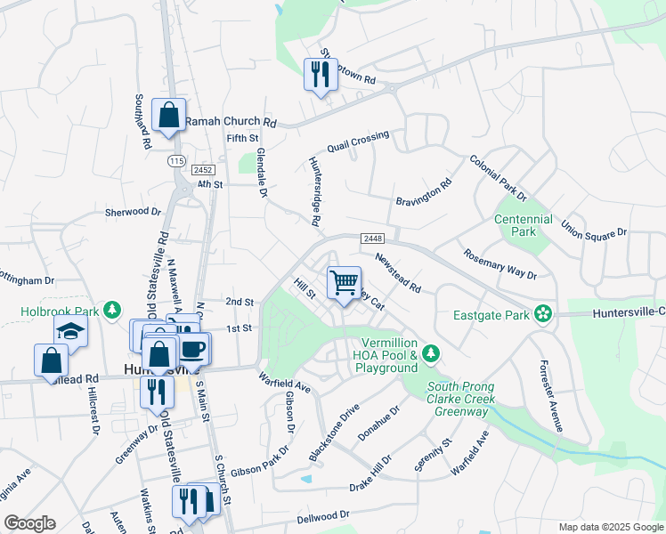 map of restaurants, bars, coffee shops, grocery stores, and more near 12207 Loftywood Court in Huntersville