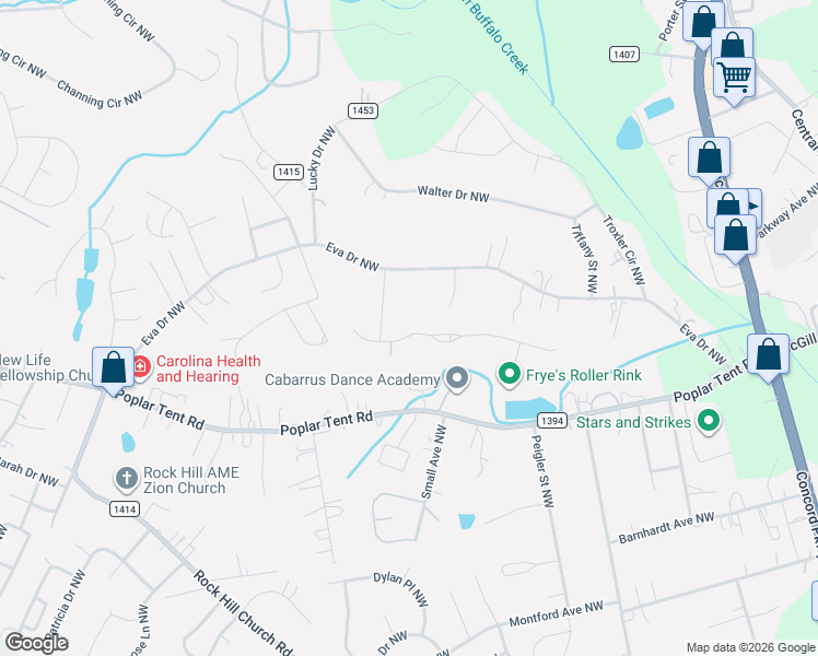 map of restaurants, bars, coffee shops, grocery stores, and more near 2999 Eva Dr NW in Concord