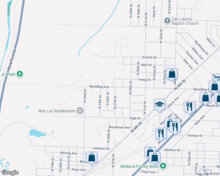 map of restaurants, bars, coffee shops, grocery stores, and more near 2630 Spradling Avenue in Fort Smith