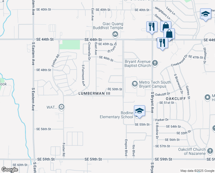 map of restaurants, bars, coffee shops, grocery stores, and more near 2613 Southeast 50th Street in Oklahoma City