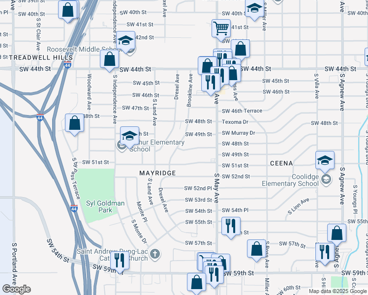 map of restaurants, bars, coffee shops, grocery stores, and more near 3024 Southwest 50th Street in Oklahoma City